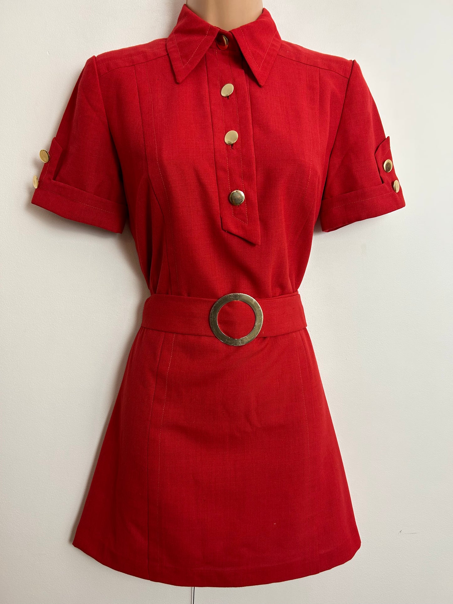 Vintage Early 1970s UK Size 8-10 Red Cotton Mix Shirt Style Belted Mini Mod Dress