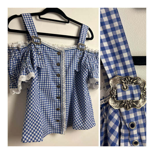 Vintage 1980s LANDHAUS @ C&A Size 14 Blue & White Gingham Check Cold Shoulder Cotton Mix Dirndl Folk Top