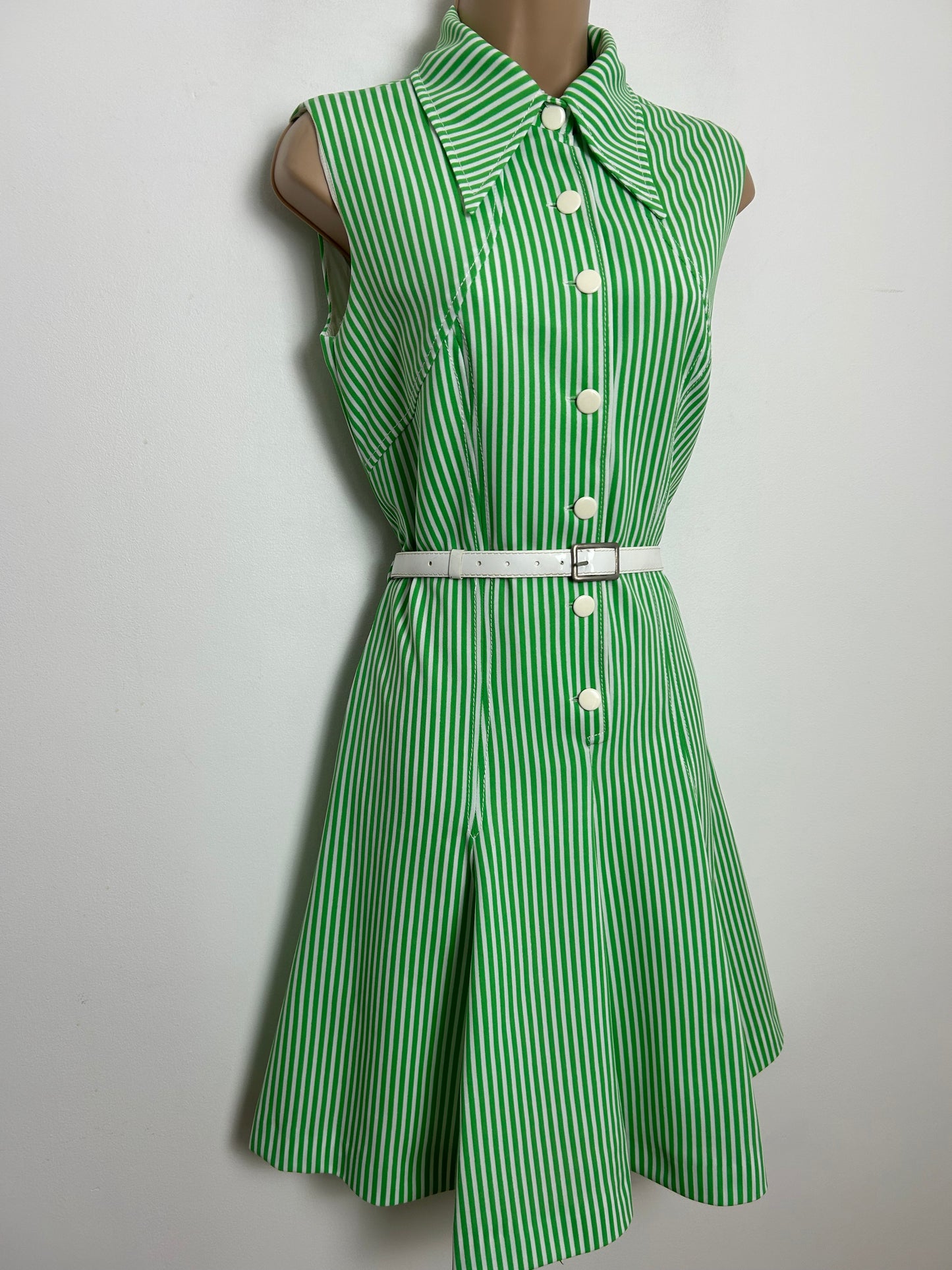 Vintage 1970s Size 10 Green & White Stripe Print Sleeveless Belted Fit & Flare Mod Dress