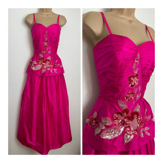 Vintage 1980s Size 6 Neon Hot Pink Sequin Detail 100% Silk Peplum Occasion Gown