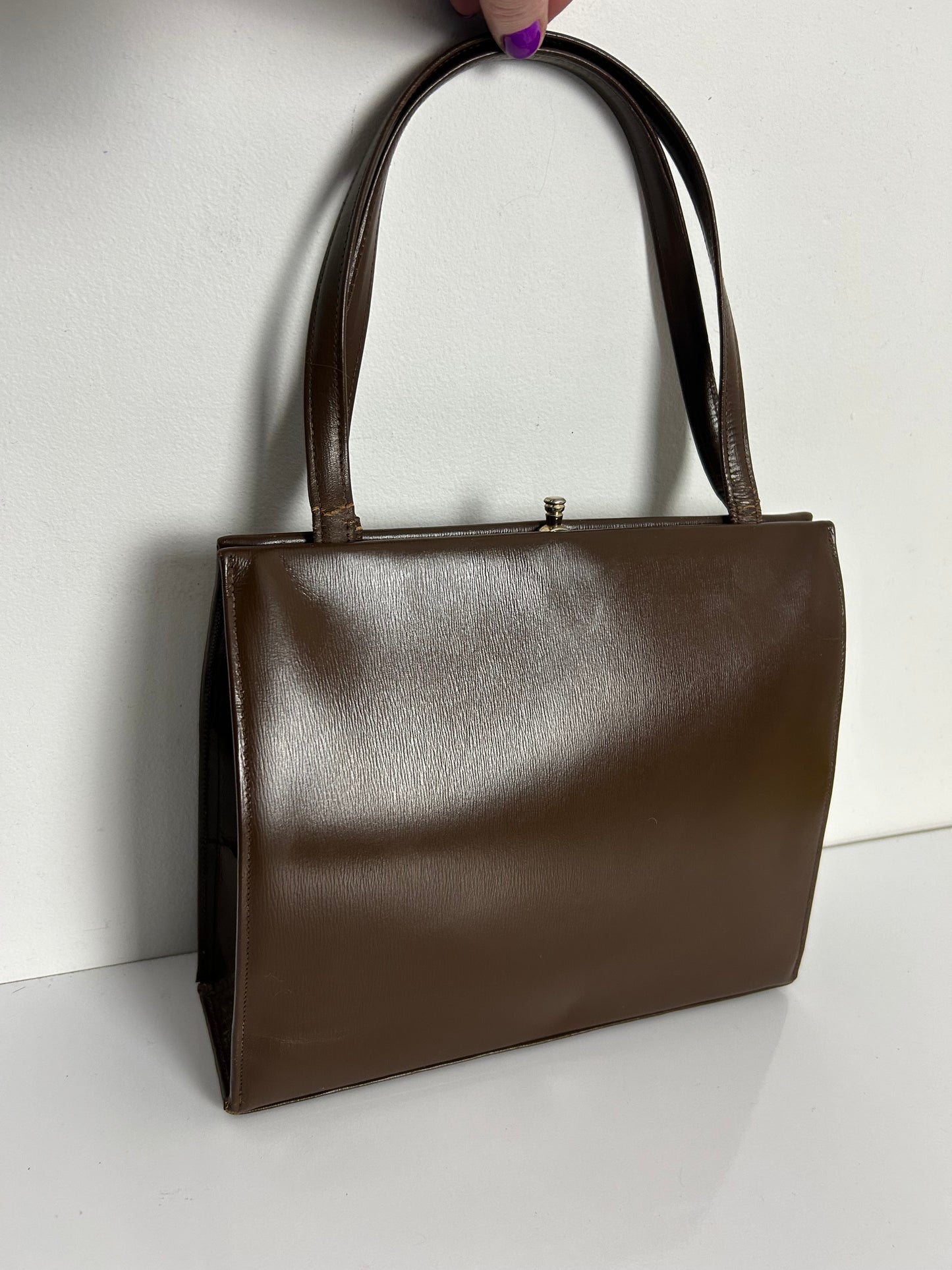 Vintage 1950s Dark Brown Leather Kelly Style Handbag