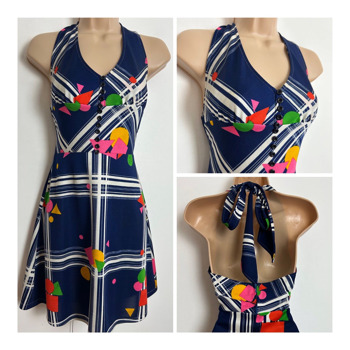 Vintage 1970s Size 6-8 Navy Blue White Pink Yellow & Green Abstract Print Halter Neck Summer Dress
