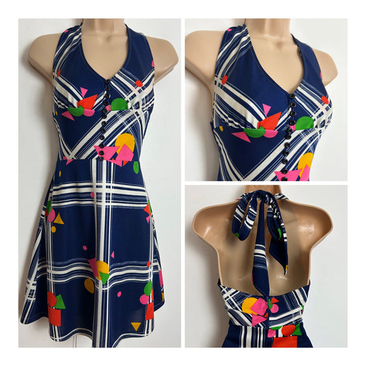 Vintage 1970s Size 6-8 Navy Blue White Pink Yellow & Green Abstract Print Halter Neck Summer Dress