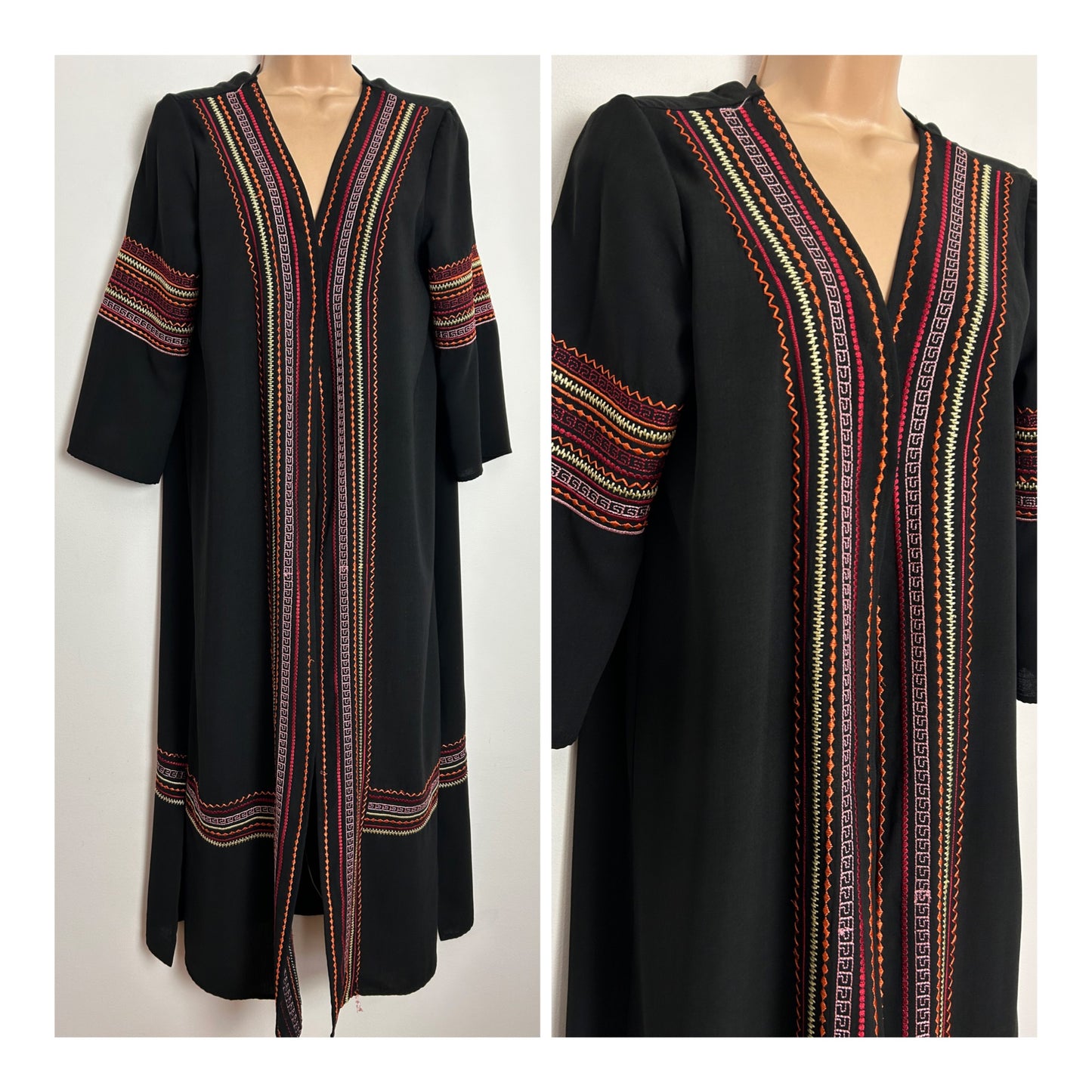 Vintage One Size Up To Size 16/18 Black Embroidered Detail Open Front 3/4 Sleeve Cotton Cover Up