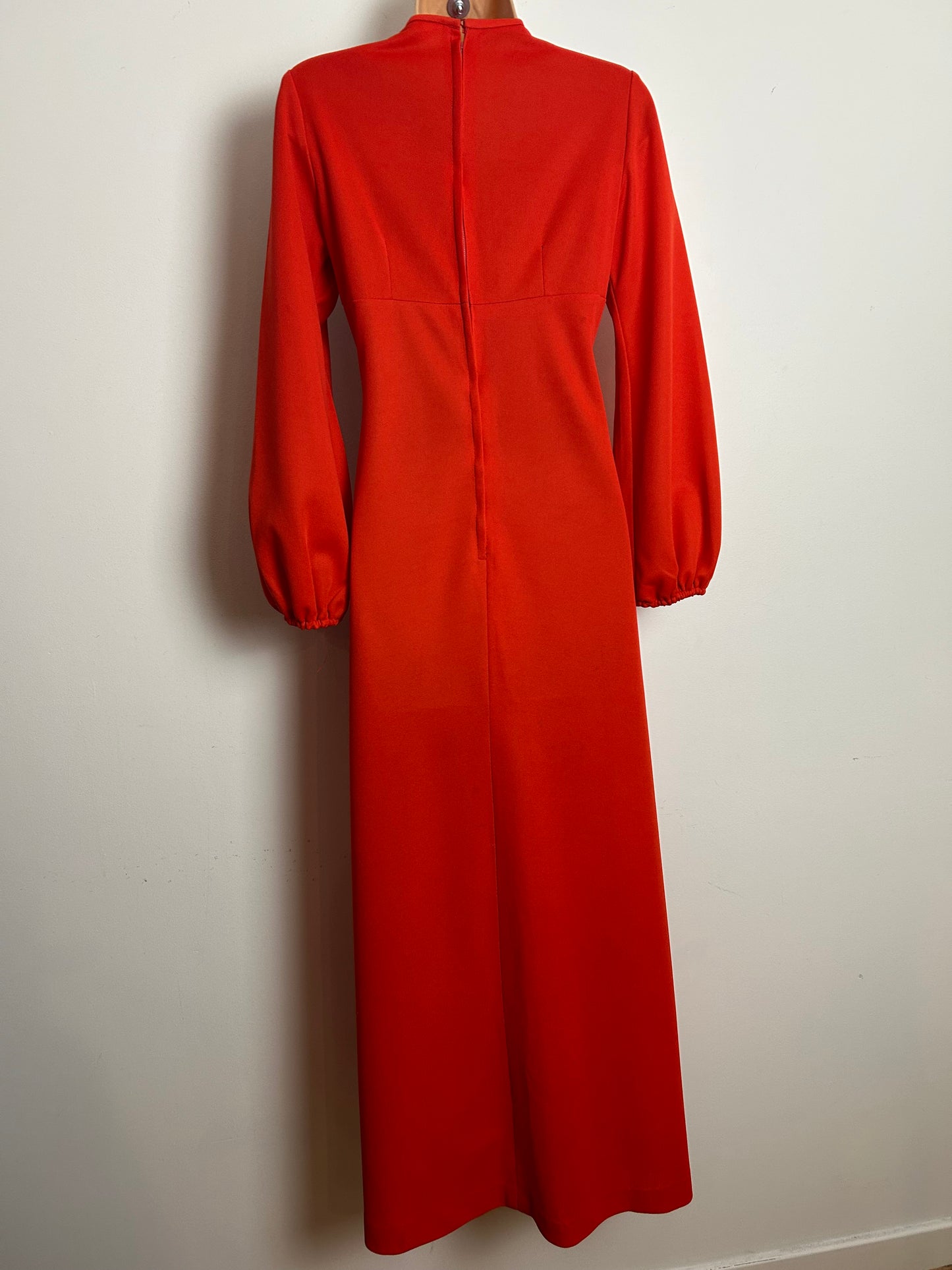 Vintage 1970s Size 8 Orangey Red White & Black Sequin Embellished Long Sleeve Evening Maxi Dress