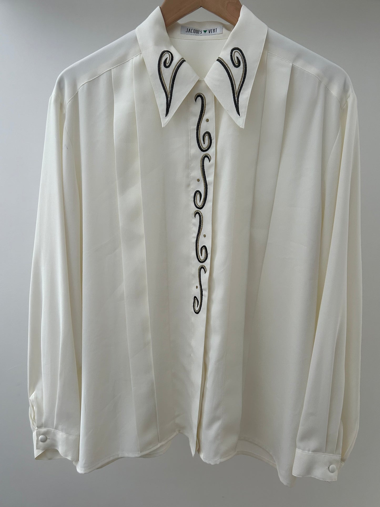 Vintage 1980s JACQUES VERT UK Size 16 Cream Long Sleeve Embroidered Swirl Detail Long Sleeve Pleated Blouse