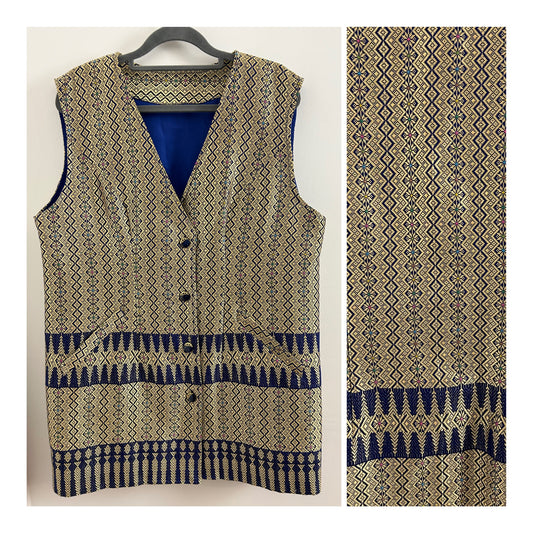 Vintage UK Size 14-16 Gold & Blue Woven Silk Abstract Pattern Tunic Waistcoat
