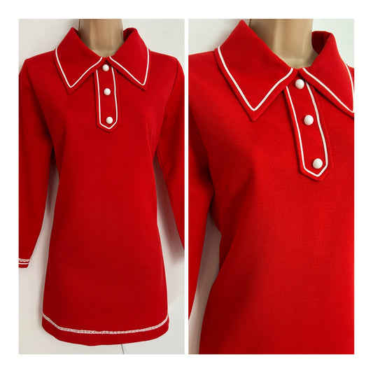 Vintage 1960s UK Size 10-12 Red Crimplene White Trim Mini Mod Shift Dress