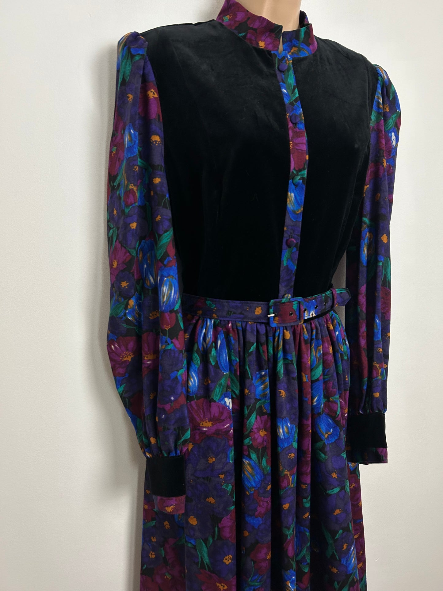 Vintage Early 1980s ORIGIN UK Size 10-12 Black Purples Pinks Floral Print Velvet Bodice Belted Midi Dress