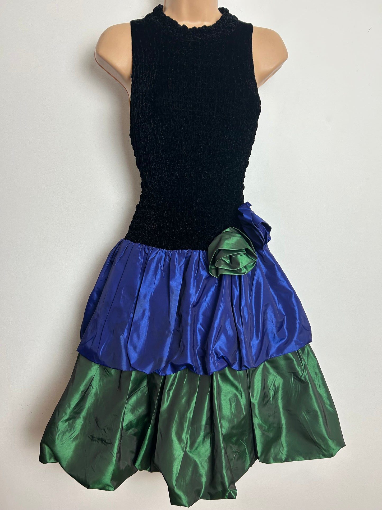 Vintage 1980s Size 10-12 Black Purple & Green Velour & Taffeta Party Prom Dress