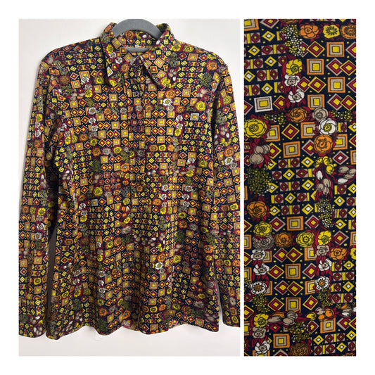 Vintage 1970s UK Size 12 Navy Blue Dark Red Orange & Yellow Geo & Floral Print Long Sleeve Shirt