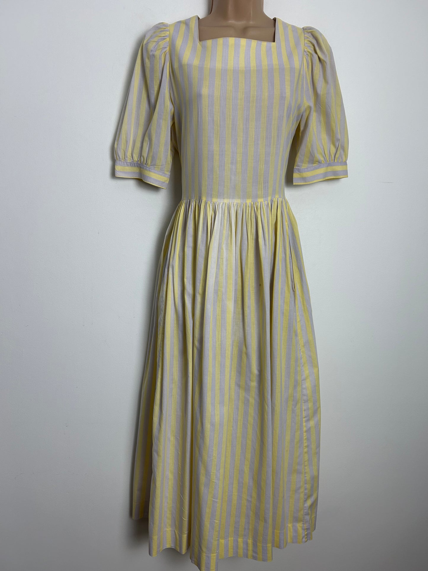 Vintage 1980s LAURA ASHLEY Size 10 (Size 14 On Label) Pale Grey & Lemon Stripe Print Cotton Day Dress