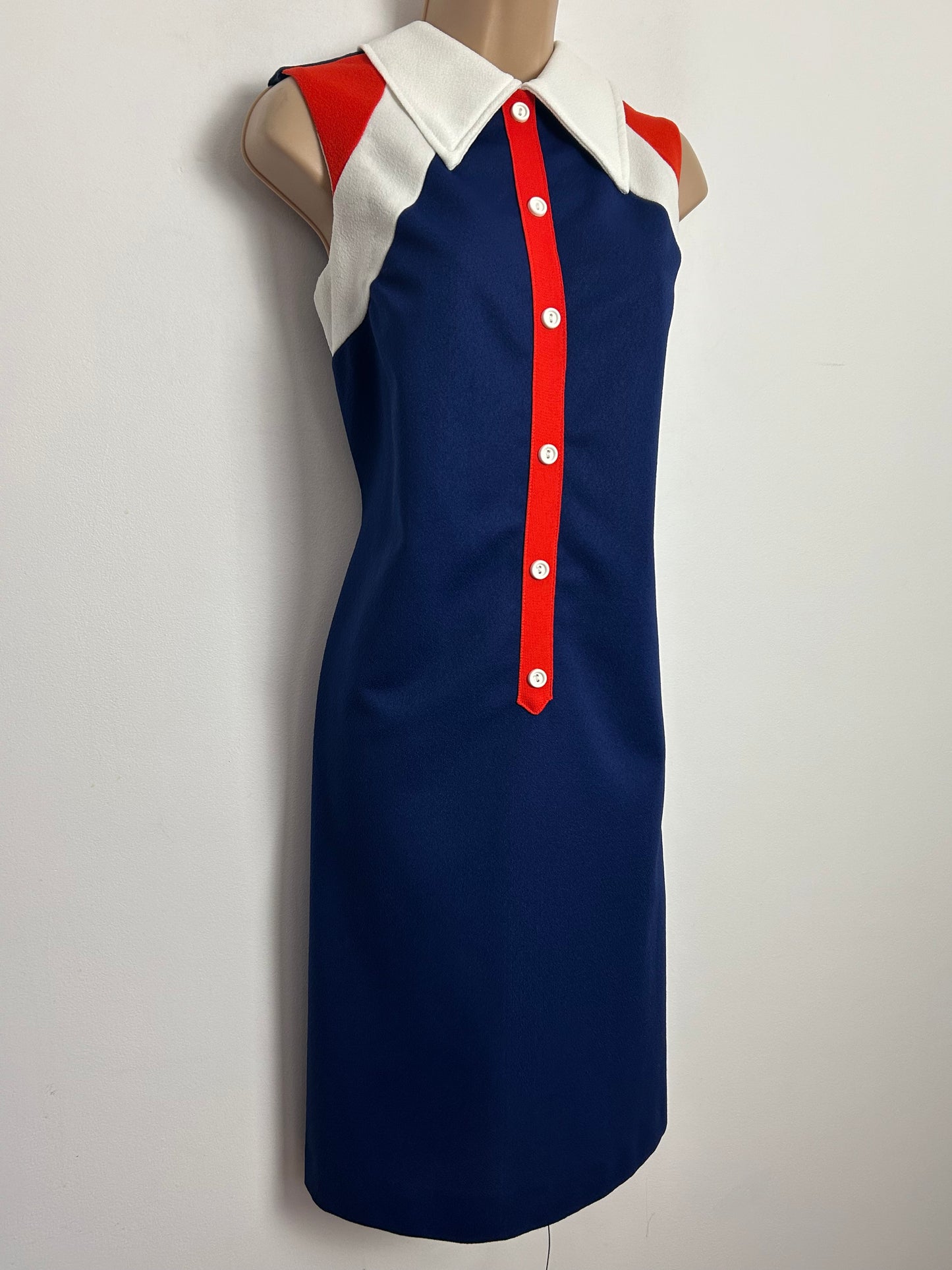 Vintage 1960s Size 12 Navy Blue White & Red Sleeveless Mod Scooter Shift Dress