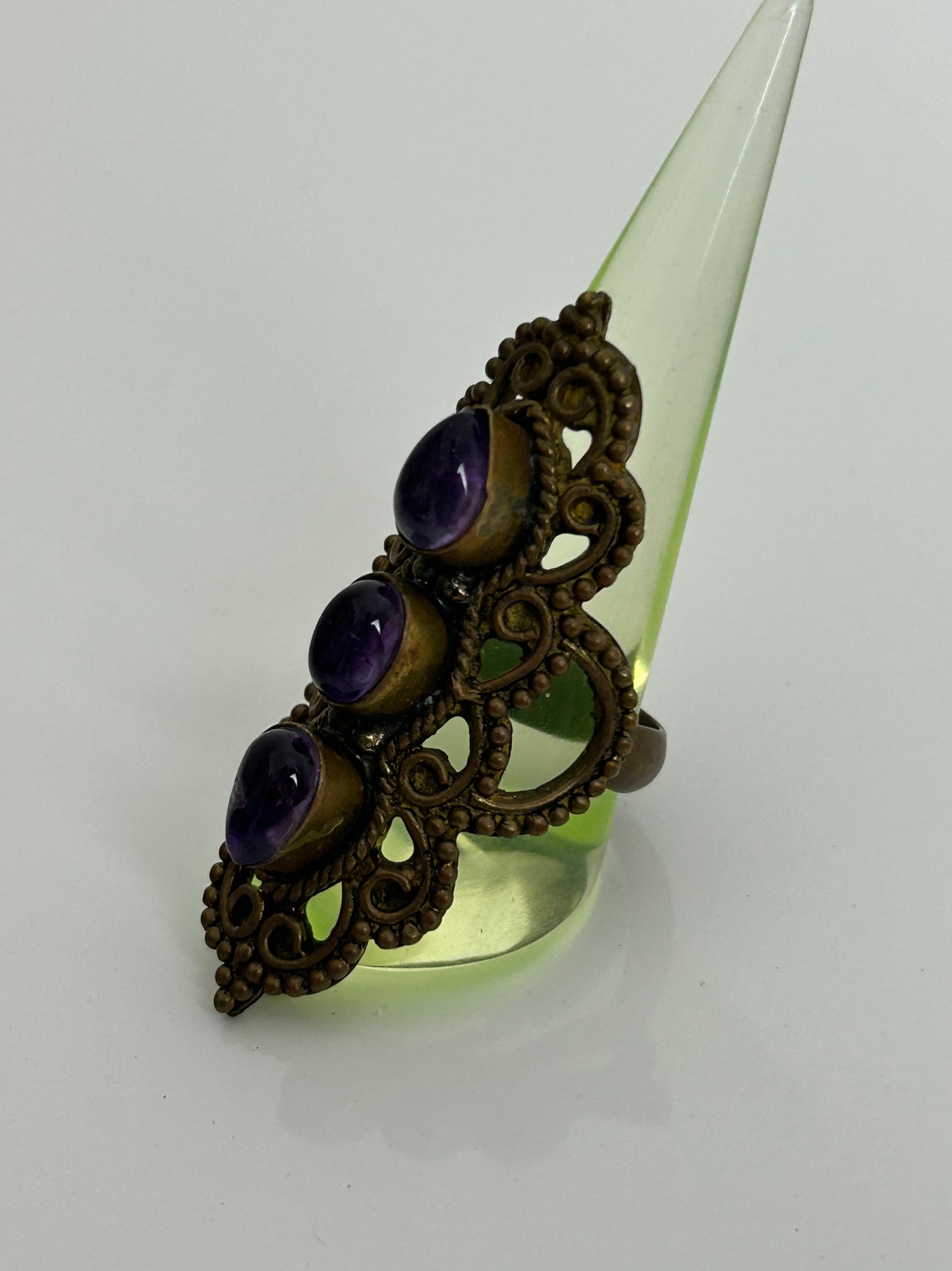 Vintage Mixed Metal Dark Gold Purple Stone Set Long Filigree Ring Size R