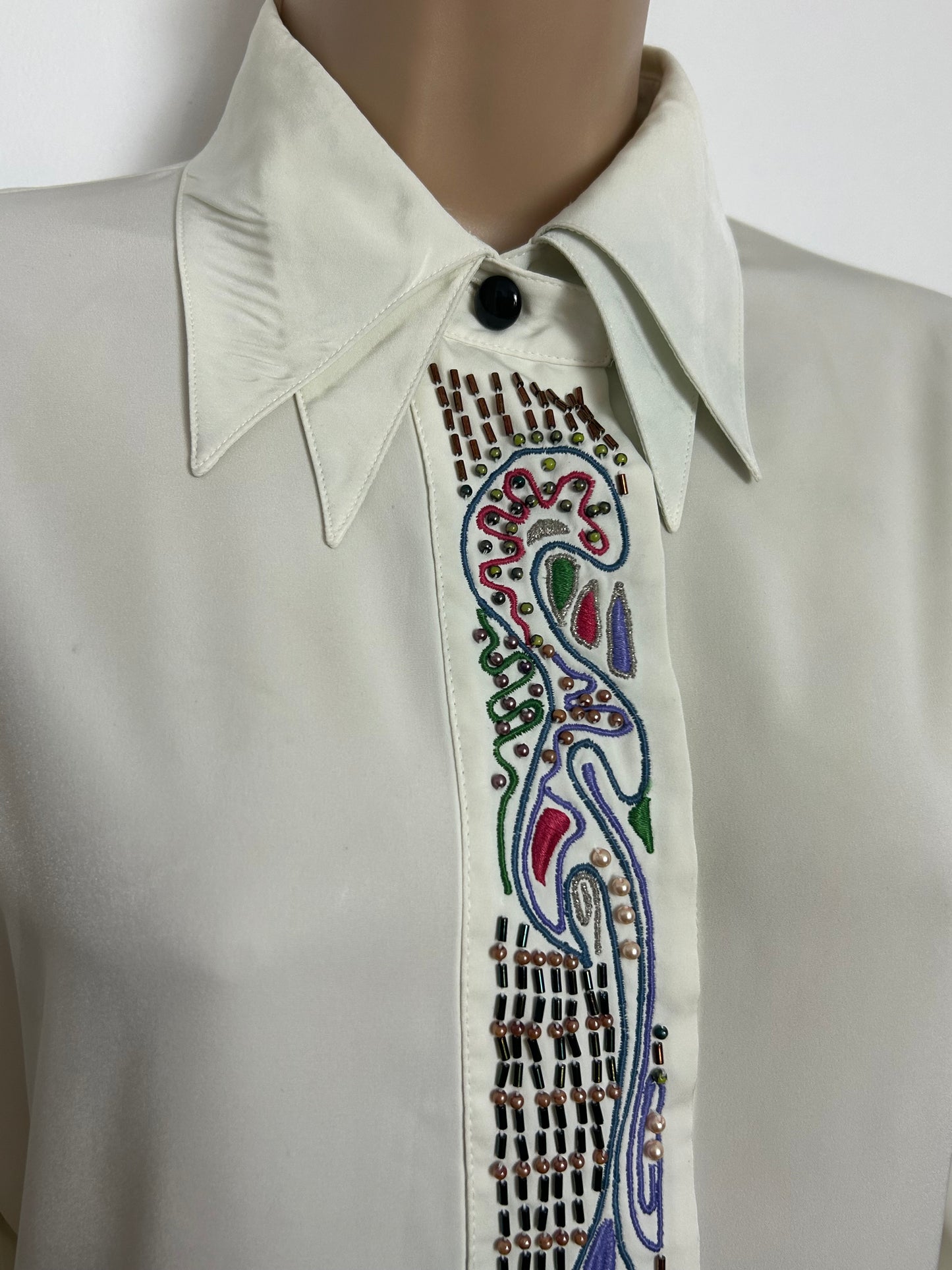 Vintage 1980s Size 12 Off White Double Collared Bead & Embroidered Placket Detail Shirt/Blouse