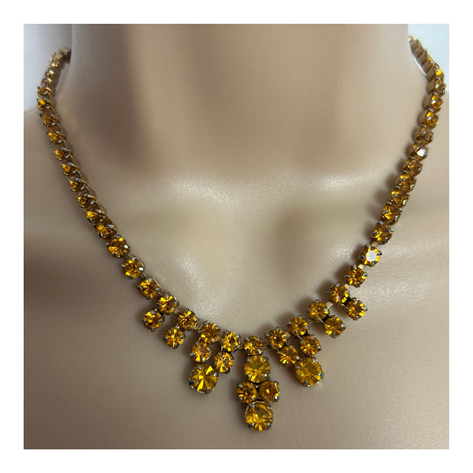 Vintage 1960s Amber Colour Diamante Glass Stone Set Necklace