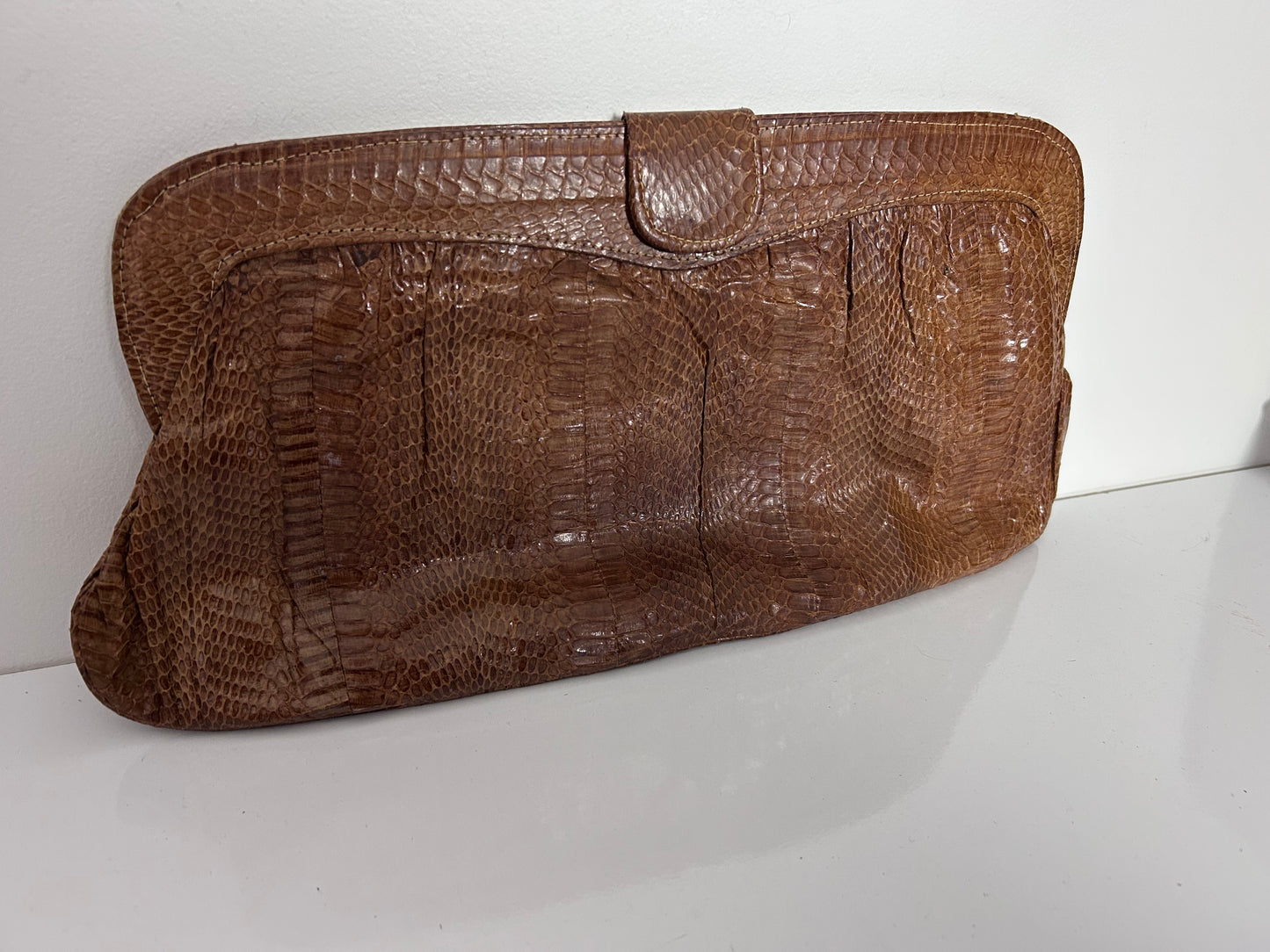 Vintage 1970s Large Brown Real Reptile Snake Skin Clutch Bag