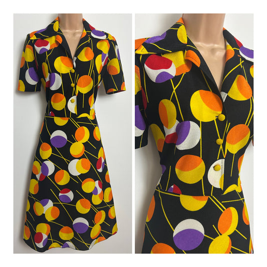 Vintage 1970s Size 12 Black Yellow Orange White & Purple Circle Print Short Sleeve Day Dress