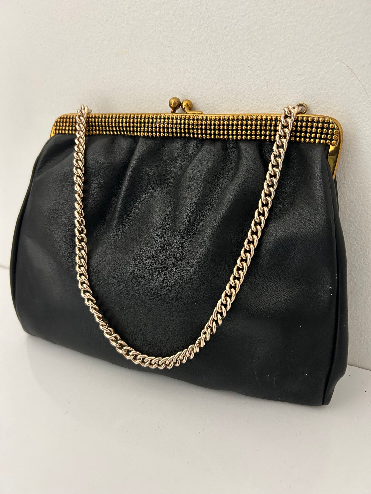 Vintage 1950s Black Leather Gold Tone Frame Chain Handle Evening Bag