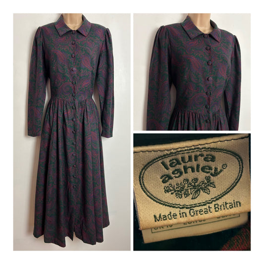 Vintage 80s LAURA ASHLEY UK 8-10 (Size 10 On Label) Very Dark Pink & Dark Green Floral Paisley Wool Mix Day Dress