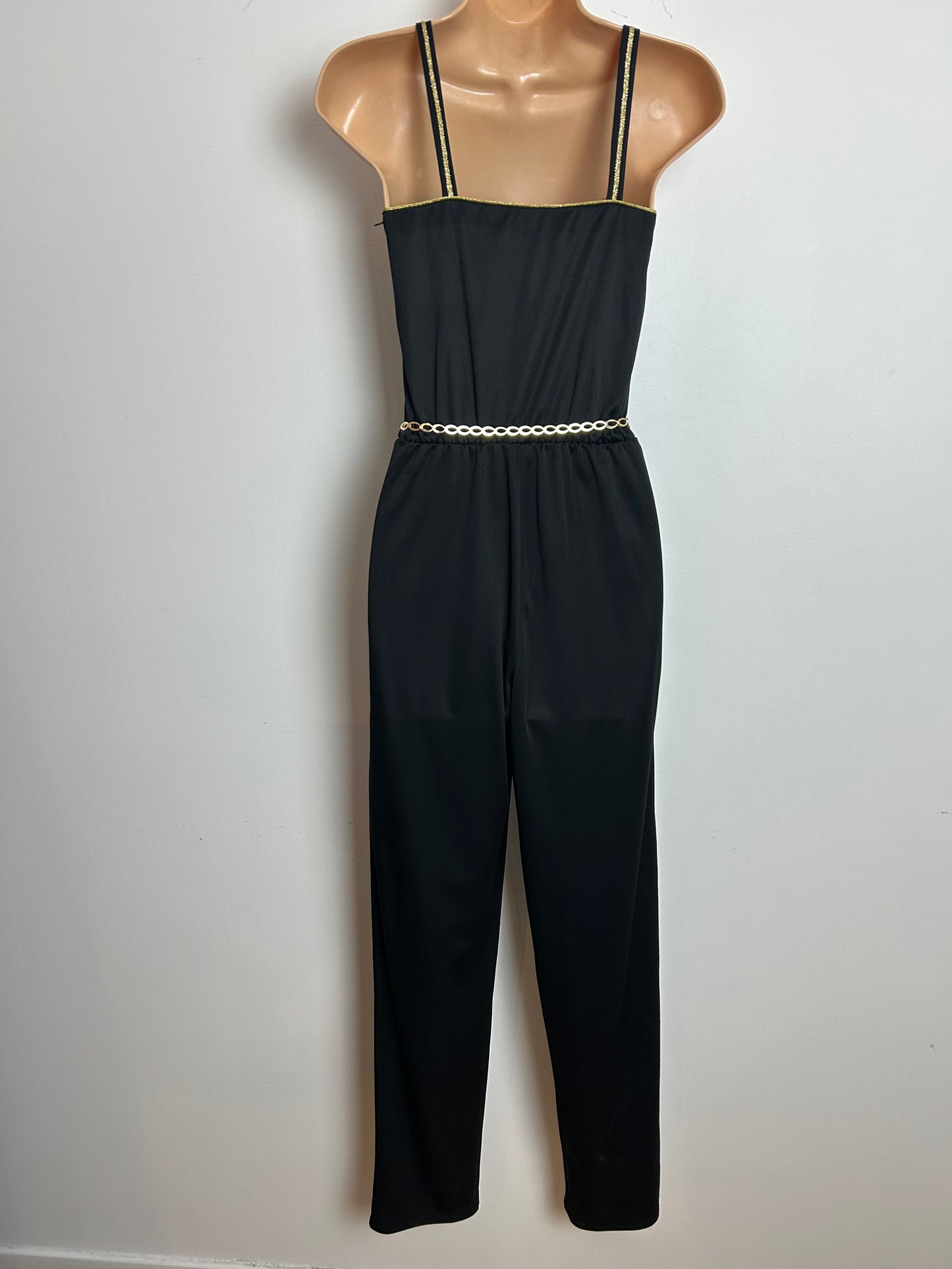 Vintage 1980s Size 6 Black & Metallic Gold Piping Trim Strappy Belted Tapered Evening Party Jumpsuit