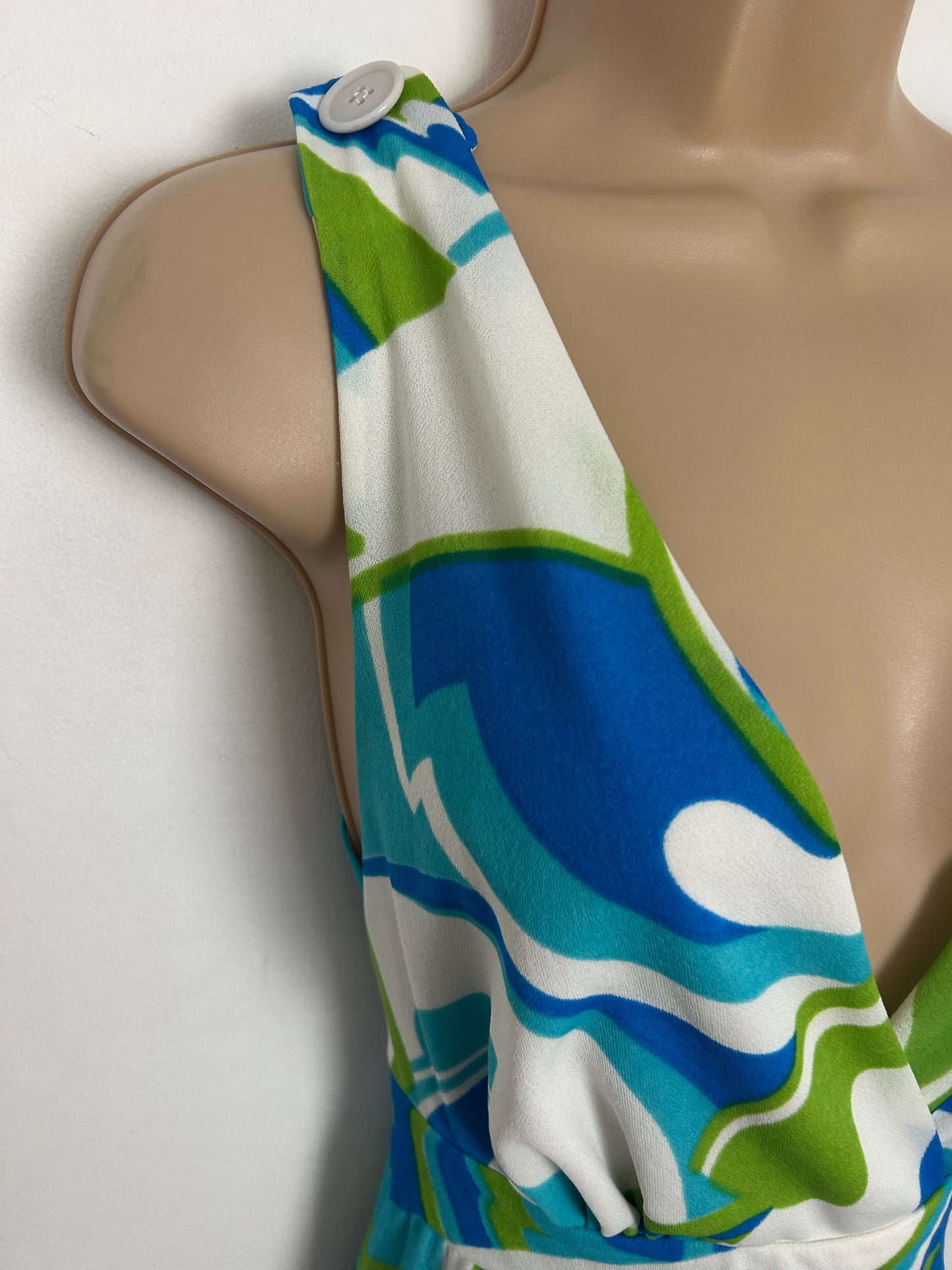 Vintage 1970s JERSEYFIELD Size 8 White Blue & Green Abstract Print Pleated Summer Maxi Dress