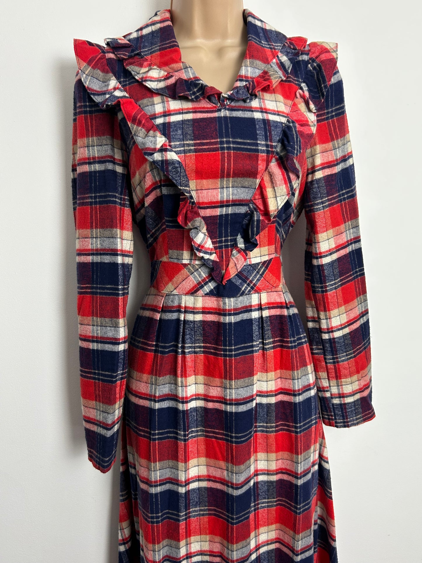 Vintage 1970s BETTY BARCLAY Size 10 Blue Red & White Check Flannel Cotton Tie Back Prairie Maxi Dress