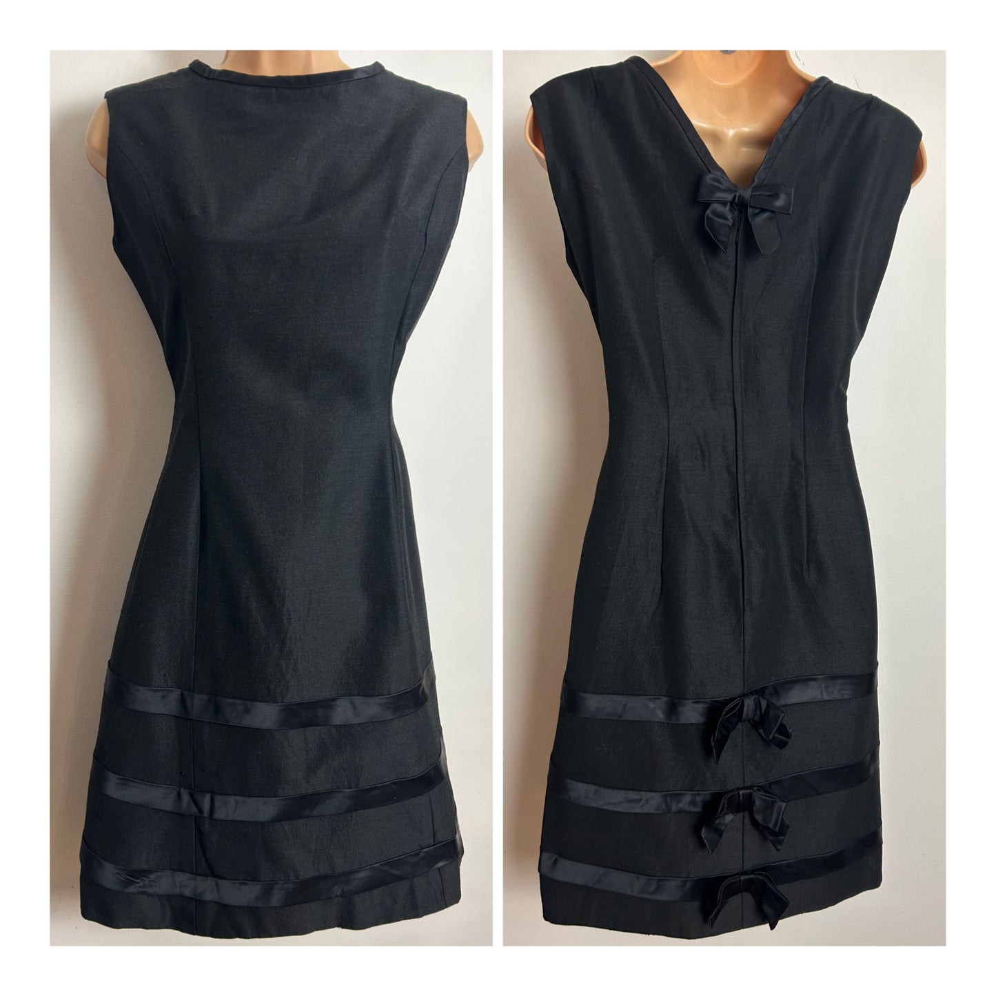 Vintage 1960s Size 10 Black Ribbon & Bow Detail Party Evening Dress