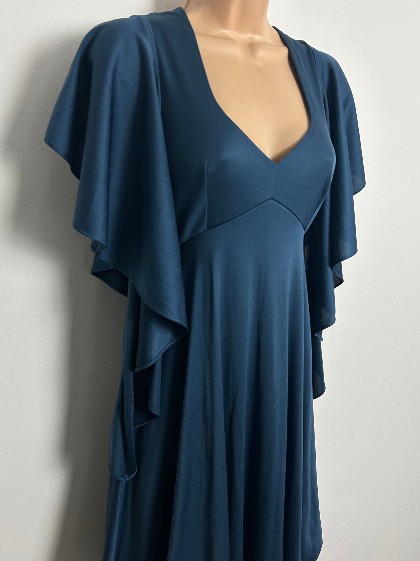 Vintage 1970s MR DARREN Size 8-10 Midnight Dusky Blue Frill Floaty Sleeve Double Layered Maxi Dress