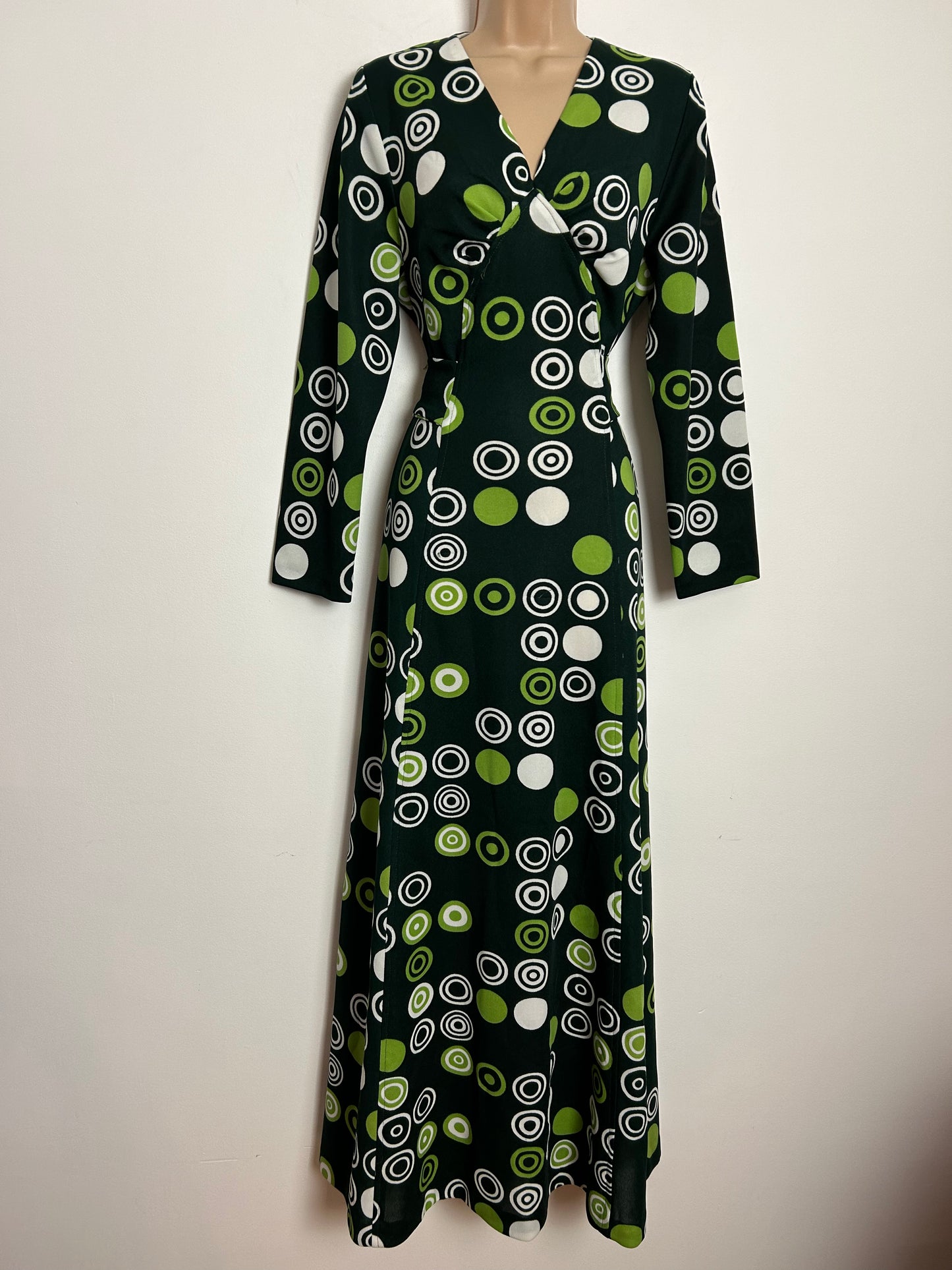 Vintage 1970s UK Size 14 Green & White Circle Print Long Sleeve Tie Back Boho Maxi Dress