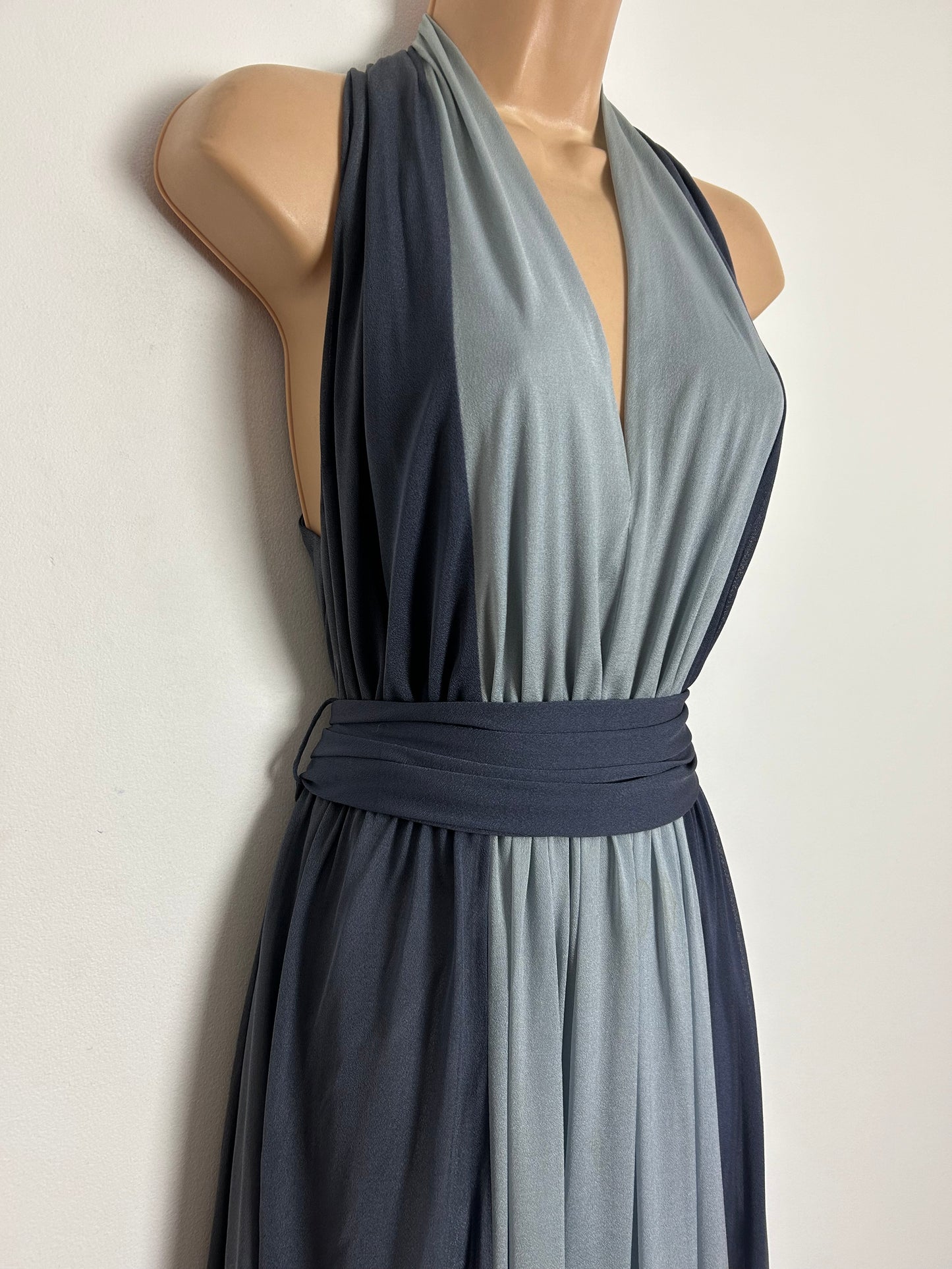 Vintage Late 1970s UK Size 8 Grey Tones Sleeveless Belted Occasion Evening Maxi Dress