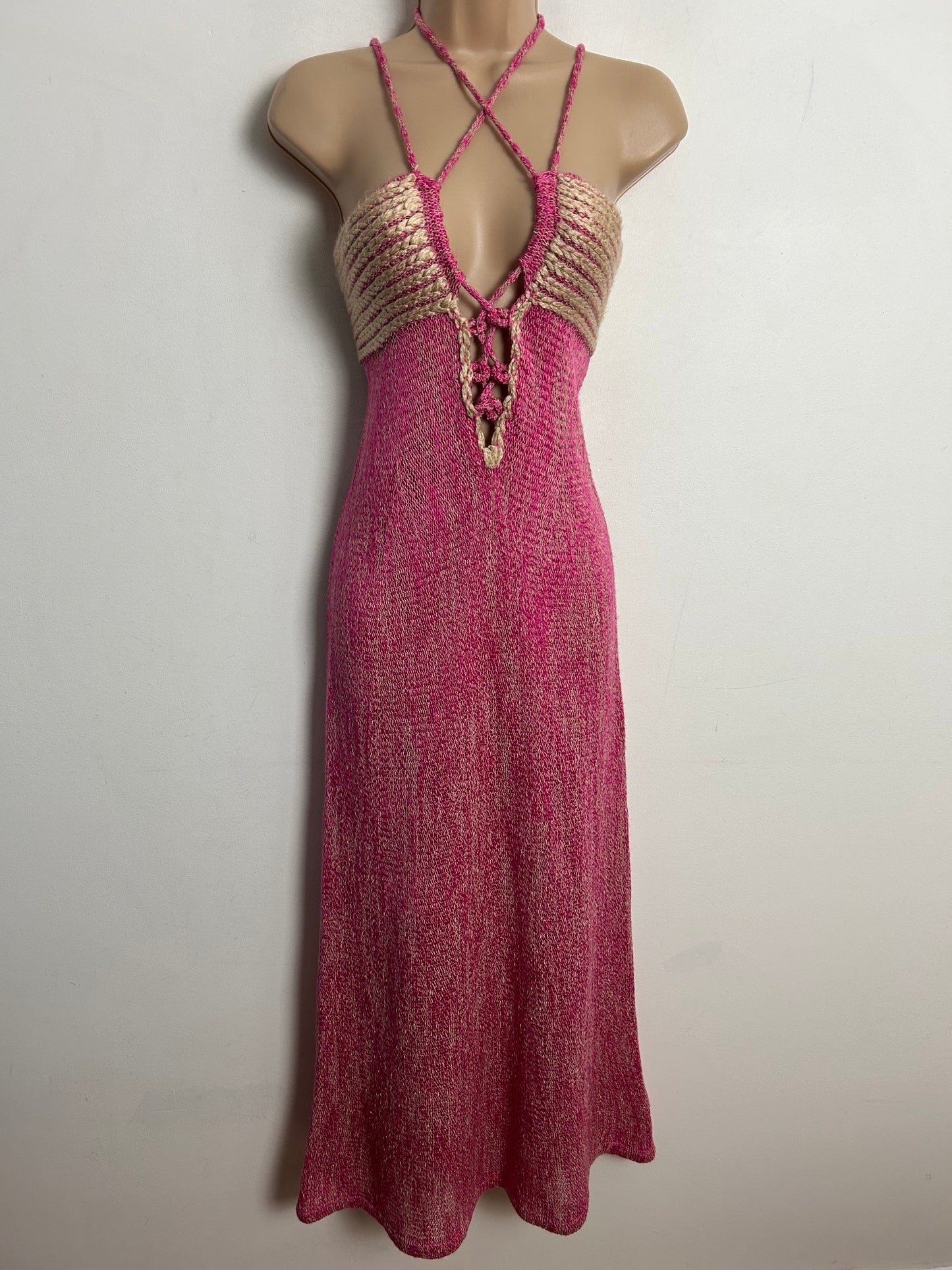 Vintage 1970s MARY FARRIN UK Size 8 Pink & Beige Strappy Lace Up Front Linen Mix Knitted Maxi Dress