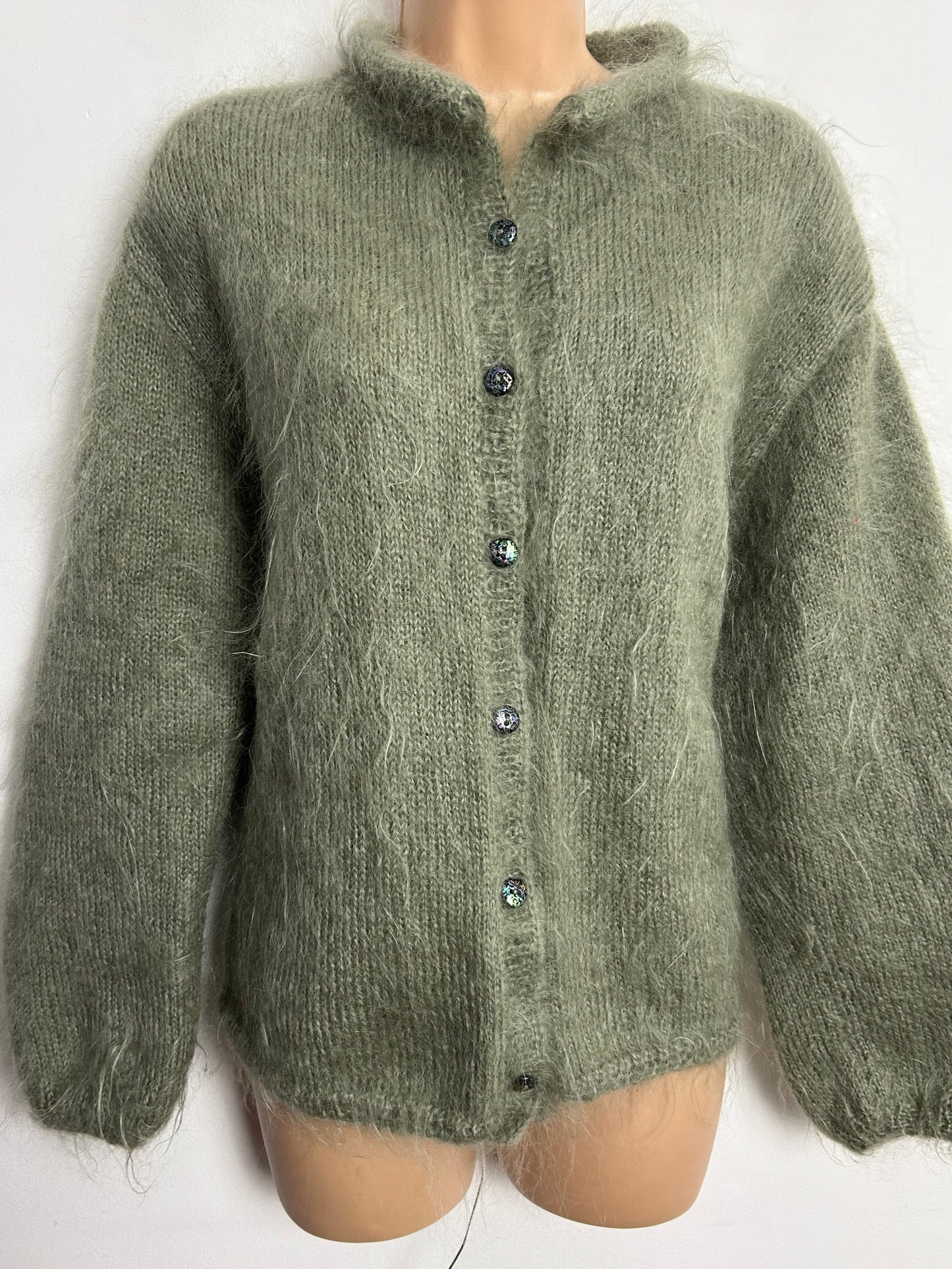 Vintage 1980s Up To Size 16 Sage Green Mohair Mix Long Sleeve Cardigan