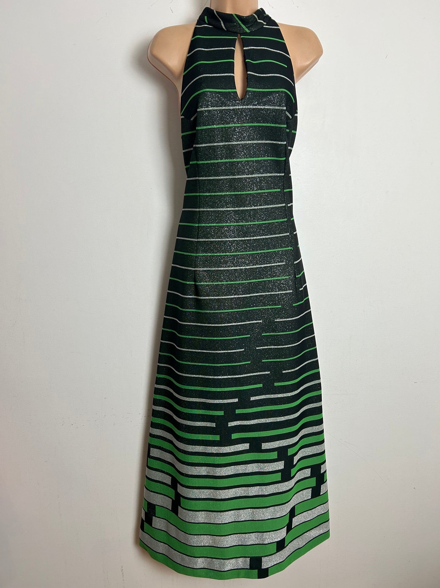 Vintage 1970s LEROSE Size 12 Black Silver & Green Stripe Keyhole Lurex Sleeveless Occasion Maxi Dress