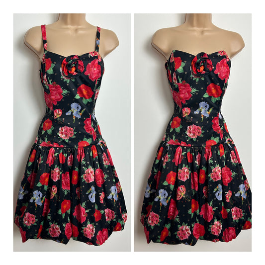 Vintage 1980s Size 10 Black Red Blue & Gold Floral & Polka Dot Strapless Or Strappy Party Prom Puffball Dress