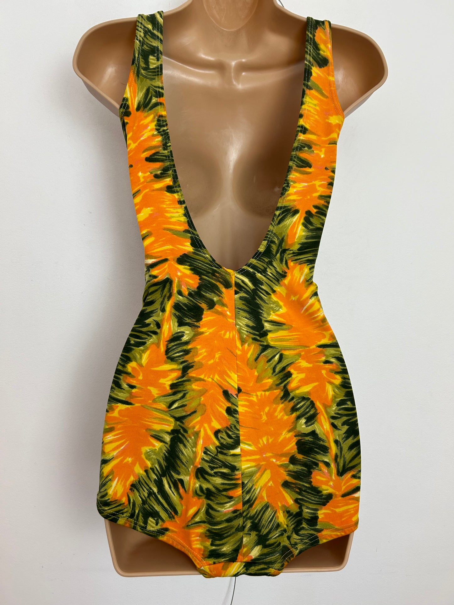 Vintage 1960s TRIUMPH FABIOLA UK Size 10 Orange & Green Abstract Print Skirted Swimsuit Bathing Costume