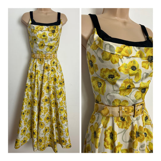 Vintage 1950s Size 6-8 White Yellow & Black Floral Print Belted Cotton Summer Day Dress