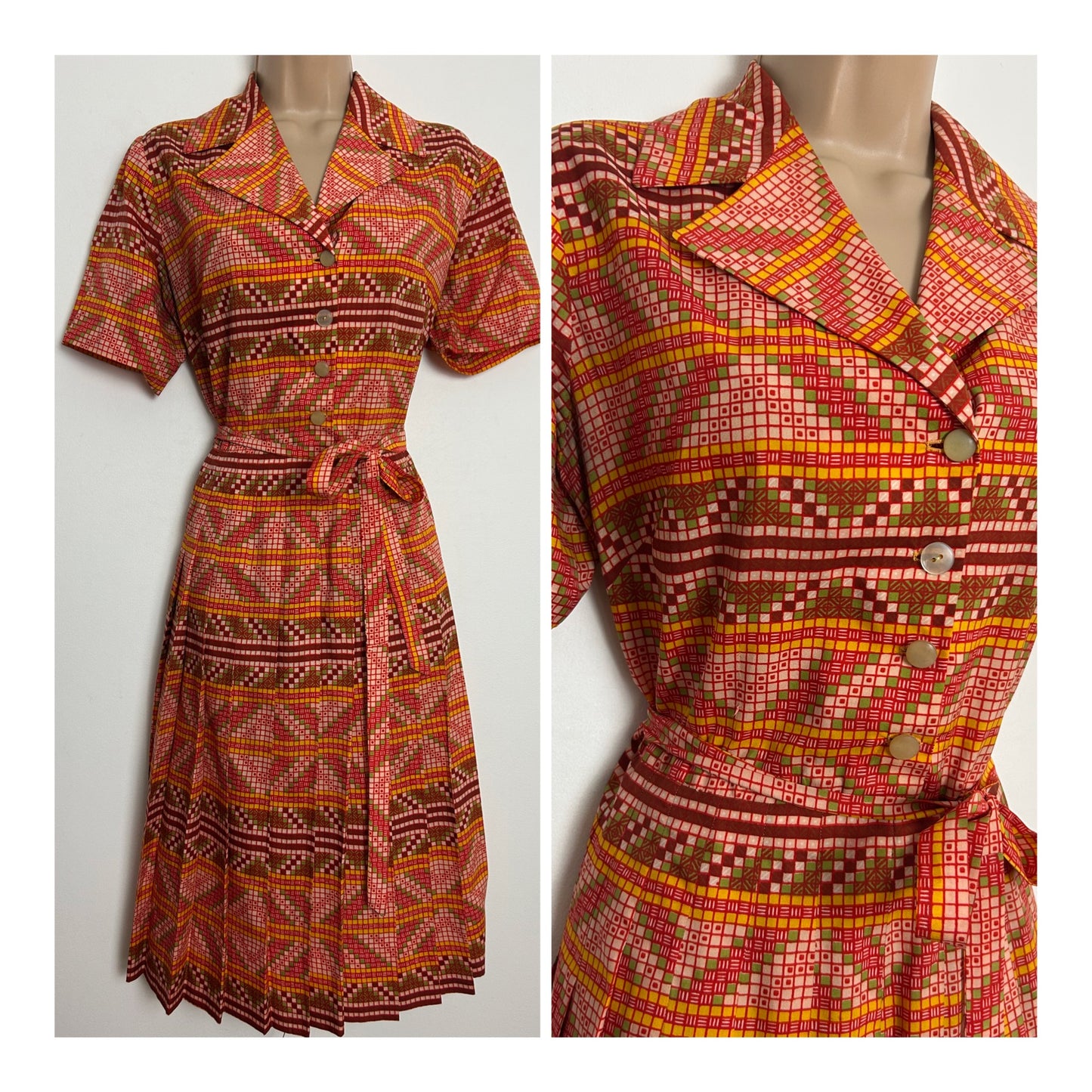 Vintage 1970s Size 14 Red Green & Yellow Abstract Geo Print Belted Pleated Mod Day Dress