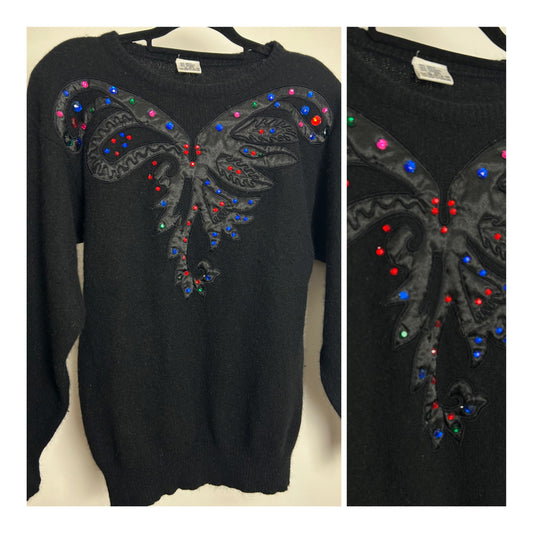 Vintage 1980s Up To Size 14 Black Wool & Angora Mix Jewelled Butterfly Applique Jumper