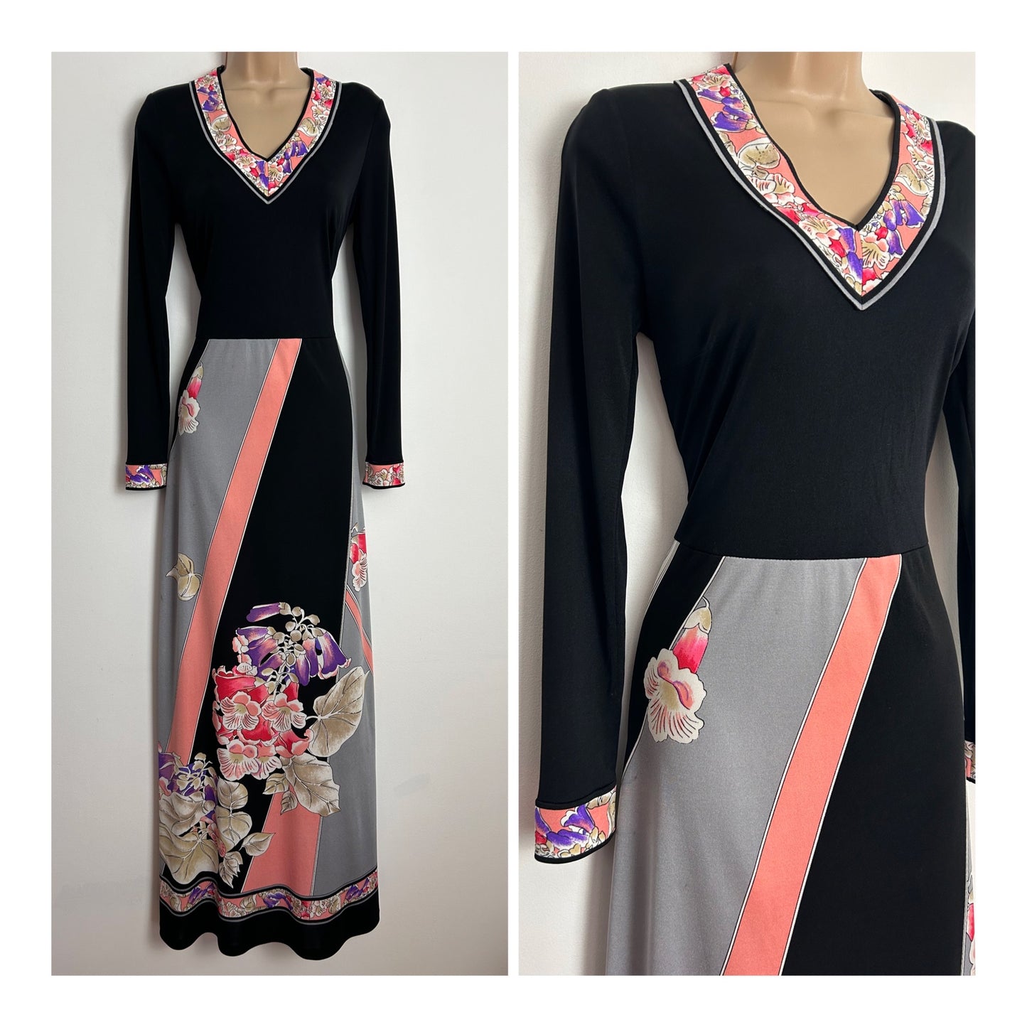 Vintage 1970s NINI CAPPUCI UK Size 10 Black Grey Purple & Pink Stripe & Floral Print Long Sleeve Maxi Dress