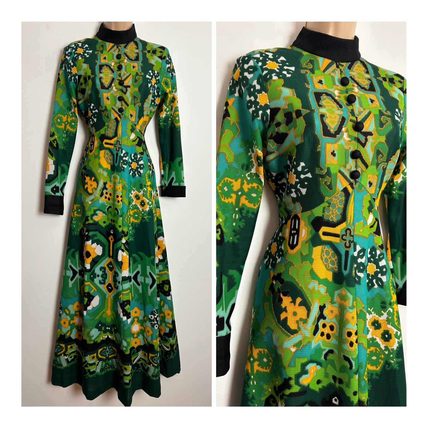 Vintage 1970s UK Size 10 Stunning Green Yellow & Turquoise Abstract Print Long Sleeve Boho Maxi Dress