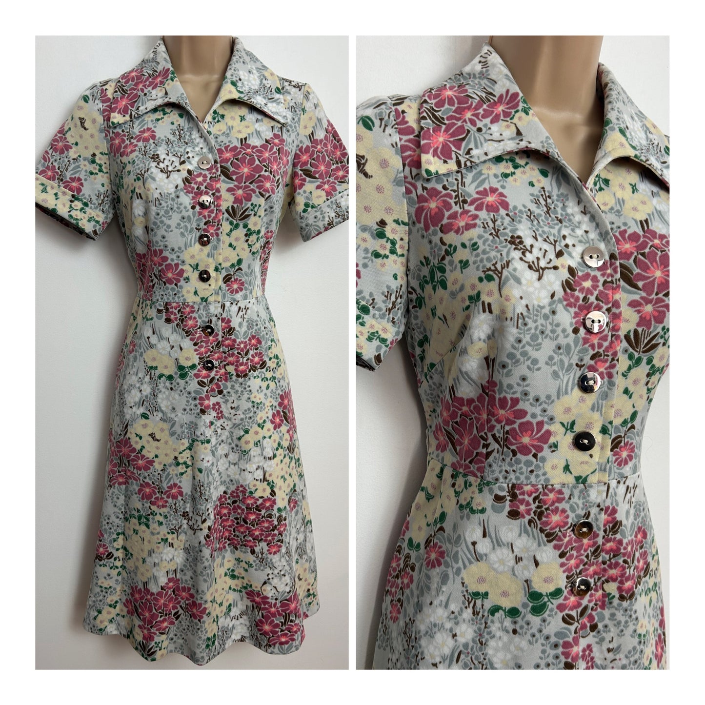 Vintage 1970s Size 8-10 Pale Grey Pink & Cream Floral Print Short Sleeve Mod Fit & Flare Day Dress