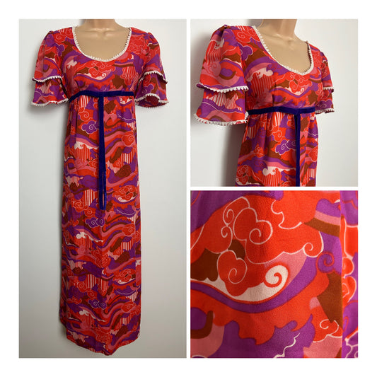 Vintage 1970s Size 10 Orange Pink & Purple Psychedelic Print Flutter Sleeve Empire Line Maxi Dress
