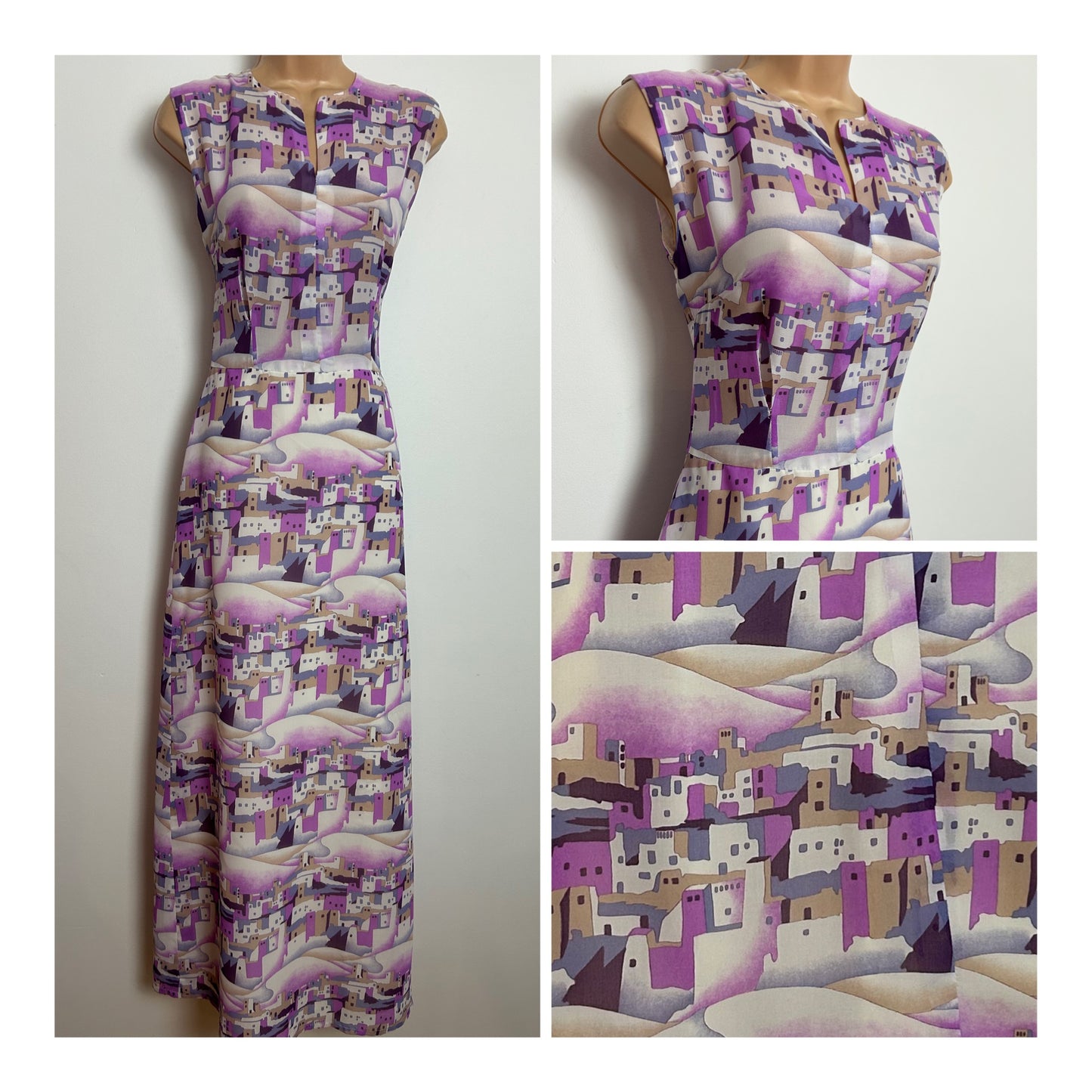 Vintage 1970s Size 8 White Pink & Violet Stylised Green Village Print Chiffon Maxi Dress