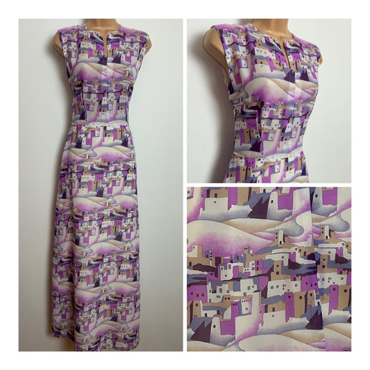 Vintage 1970s Size 8 White Pink & Violet Stylised Green Village Print Chiffon Maxi Dress