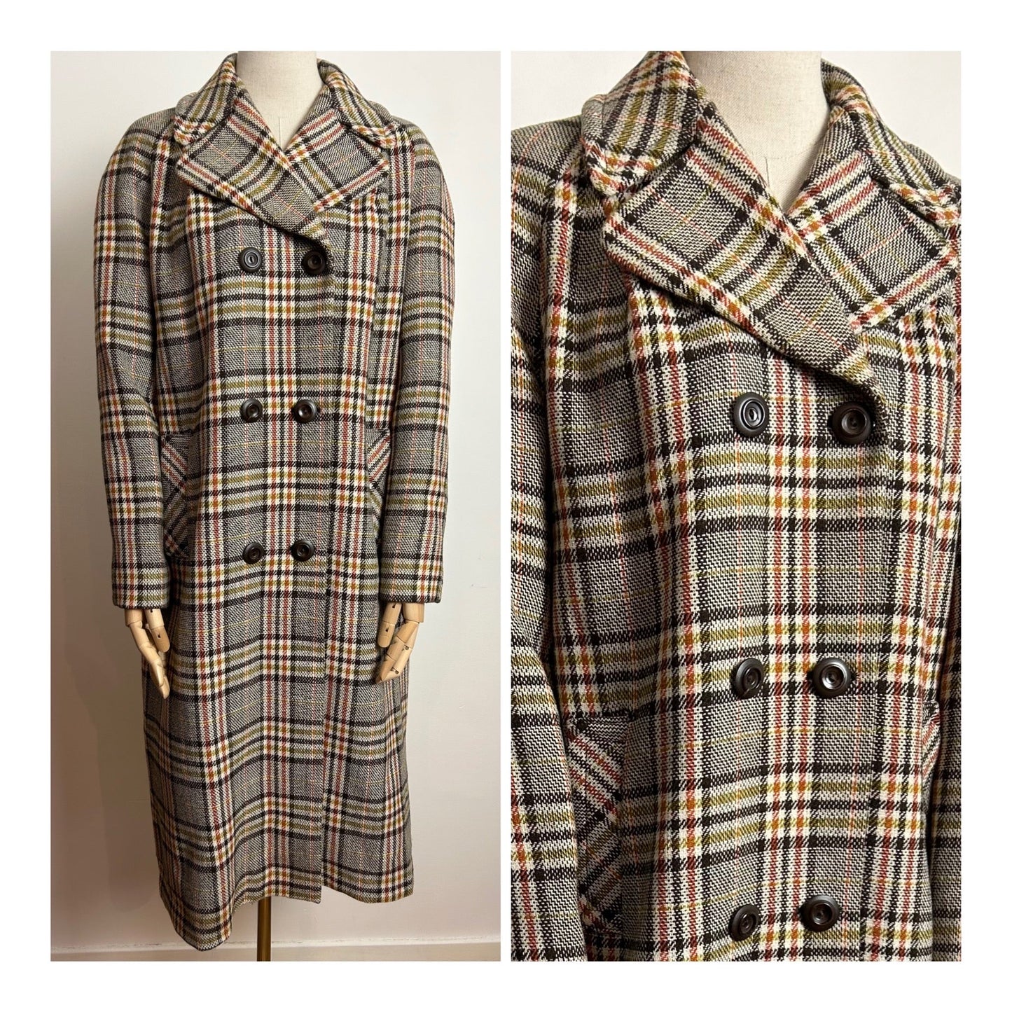 Vintage LAURE OF LEICESTER UK Size 14-16 Brown Cream & Rust Check Double Breasted Winter Coat