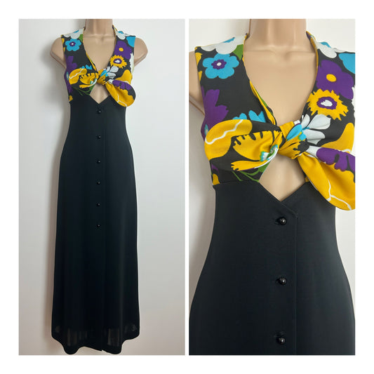 Vintage 1970s Size 8-10 Black Purple Yellow & Blue Floral Print Tie Front Cut Out Detail Maxi Dress