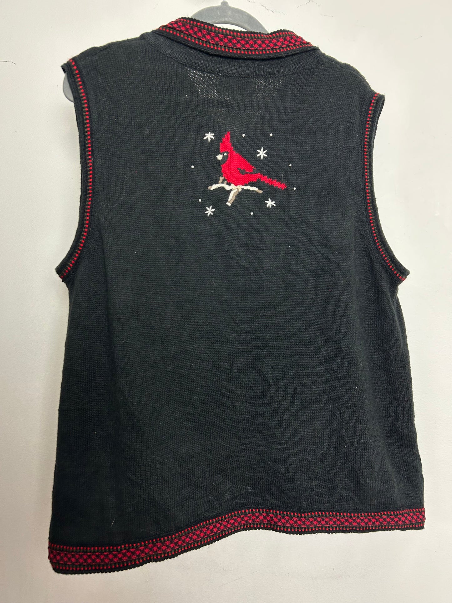 Vintage Y2K CHRISTOPHER & BANKS Up To Size 16 Black & Red Bird Pattern Sleeveless Cardigan