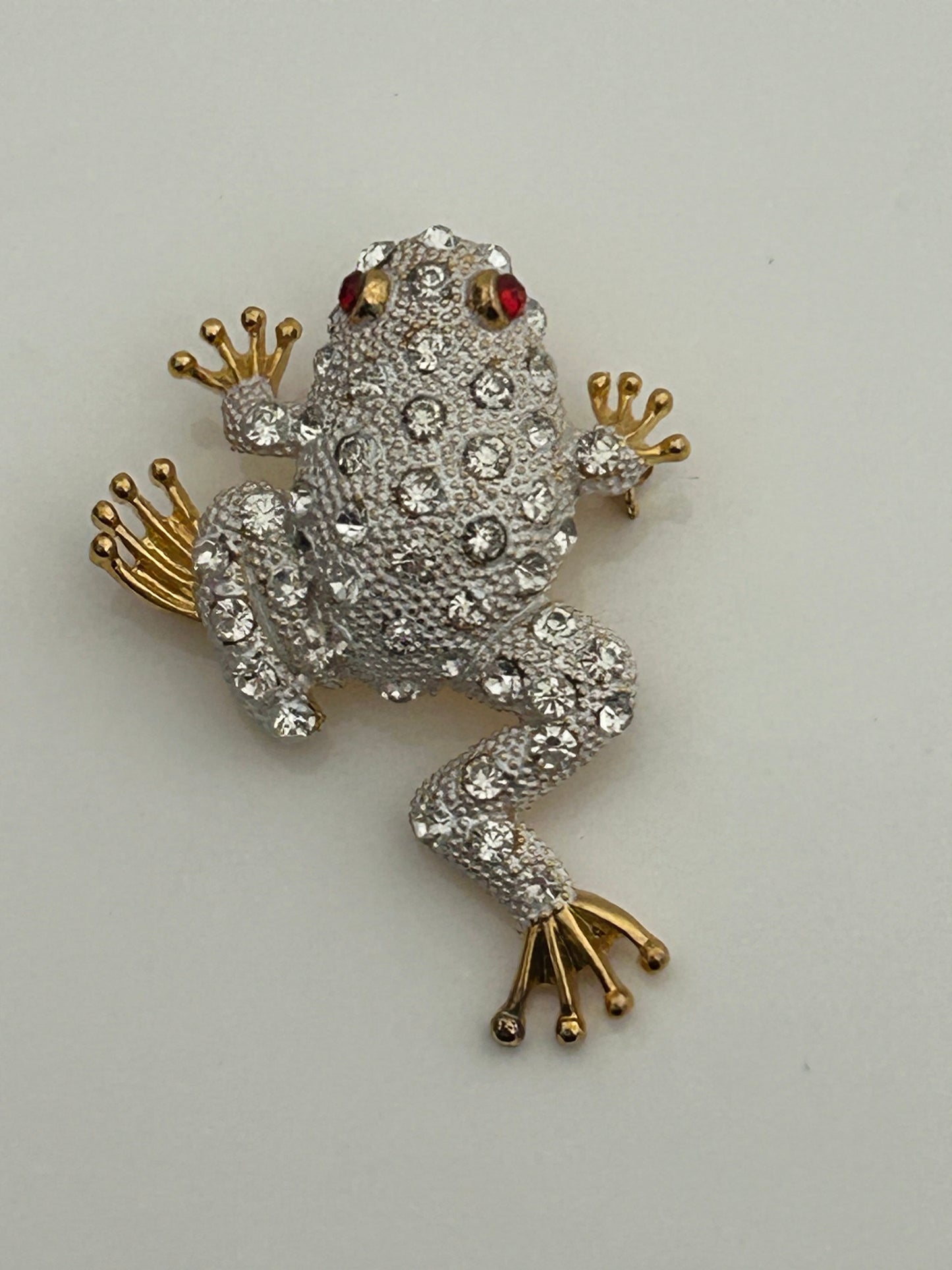 Vintage 1980s Gold Tone & Silver Tone Base Metal Diamante Set Frog Brooch