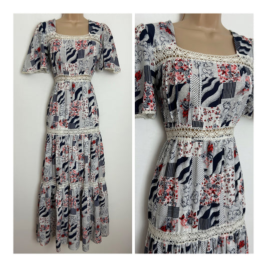 Vintage 1970s Size 8 White Navy Blue & Red Patchwork Floral Print Cotton Lace Trim Short Sleeve Prairie Maxi Dress